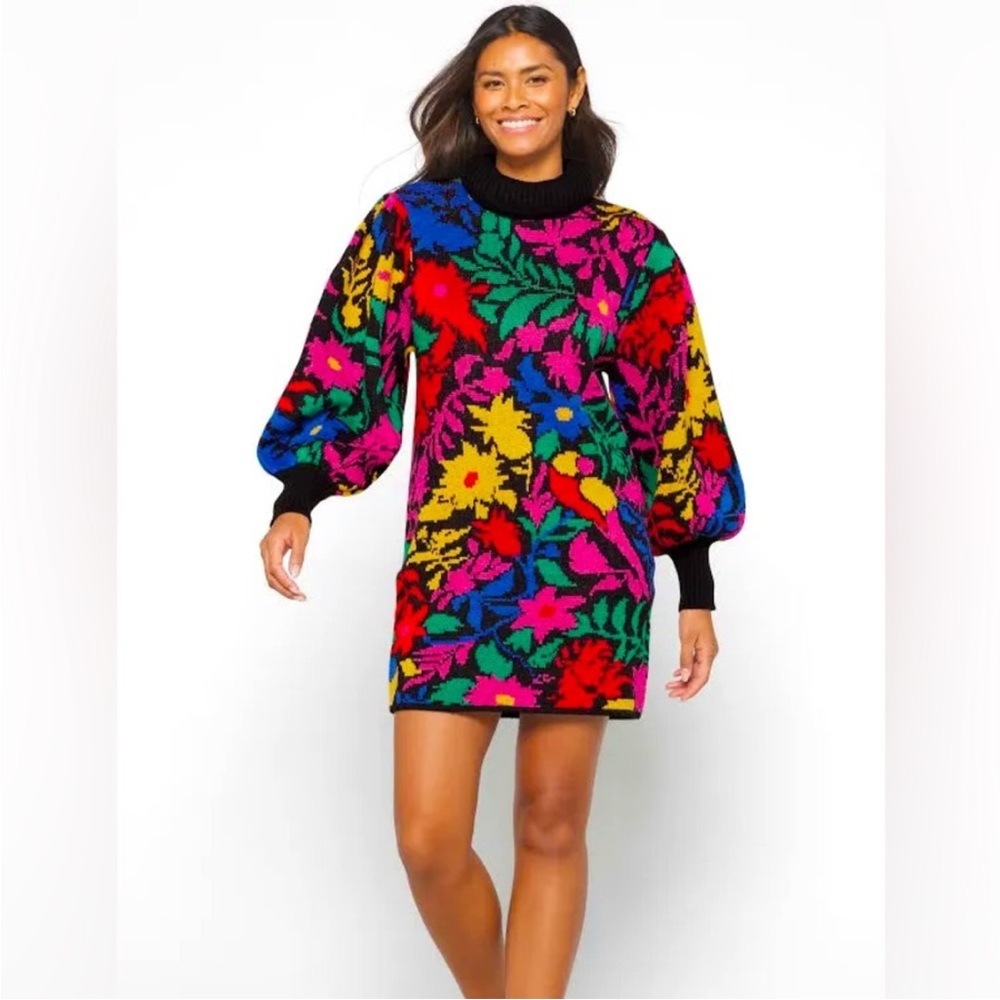 NWT Farm Rio Multicolored Tropical Garden Mock Neck Sweater Dress Size Medium